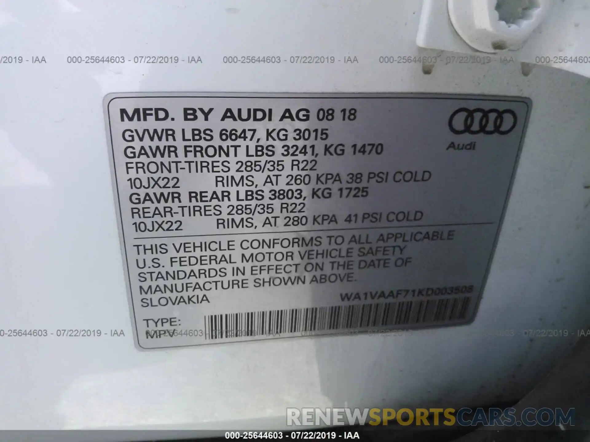 9 Фотография поврежденного автомобиля WA1VAAF71KD003508 AUDI Q7 2019