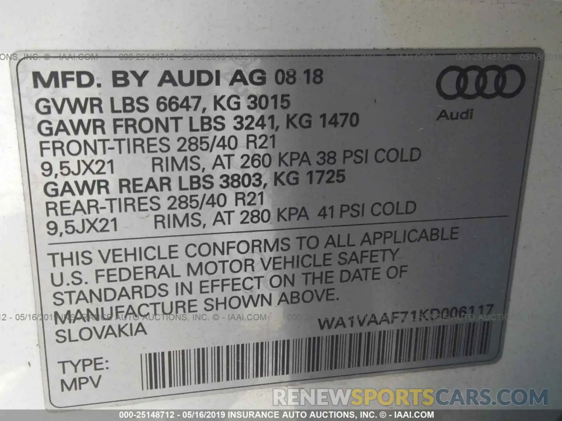 9 Photograph of a damaged car WA1VAAF71KD006117 AUDI Q7 2019