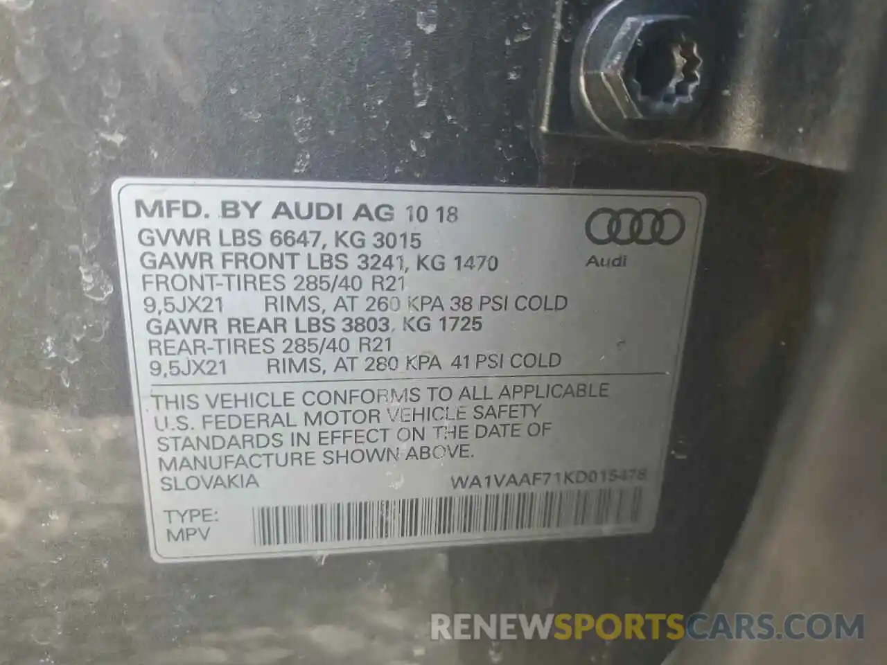 13 Photograph of a damaged car WA1VAAF71KD015478 AUDI Q7 2019