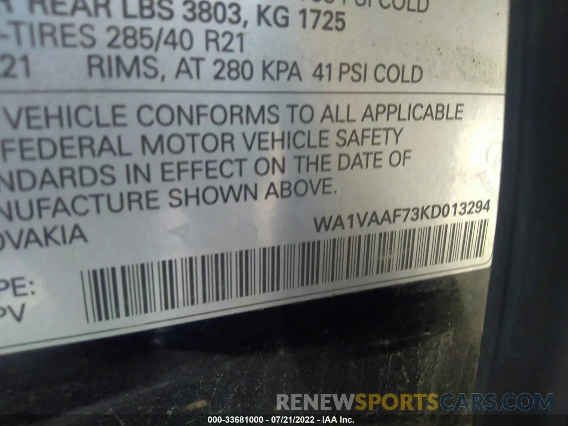 9 Фотография поврежденного автомобиля WA1VAAF73KD013294 AUDI Q7 2019