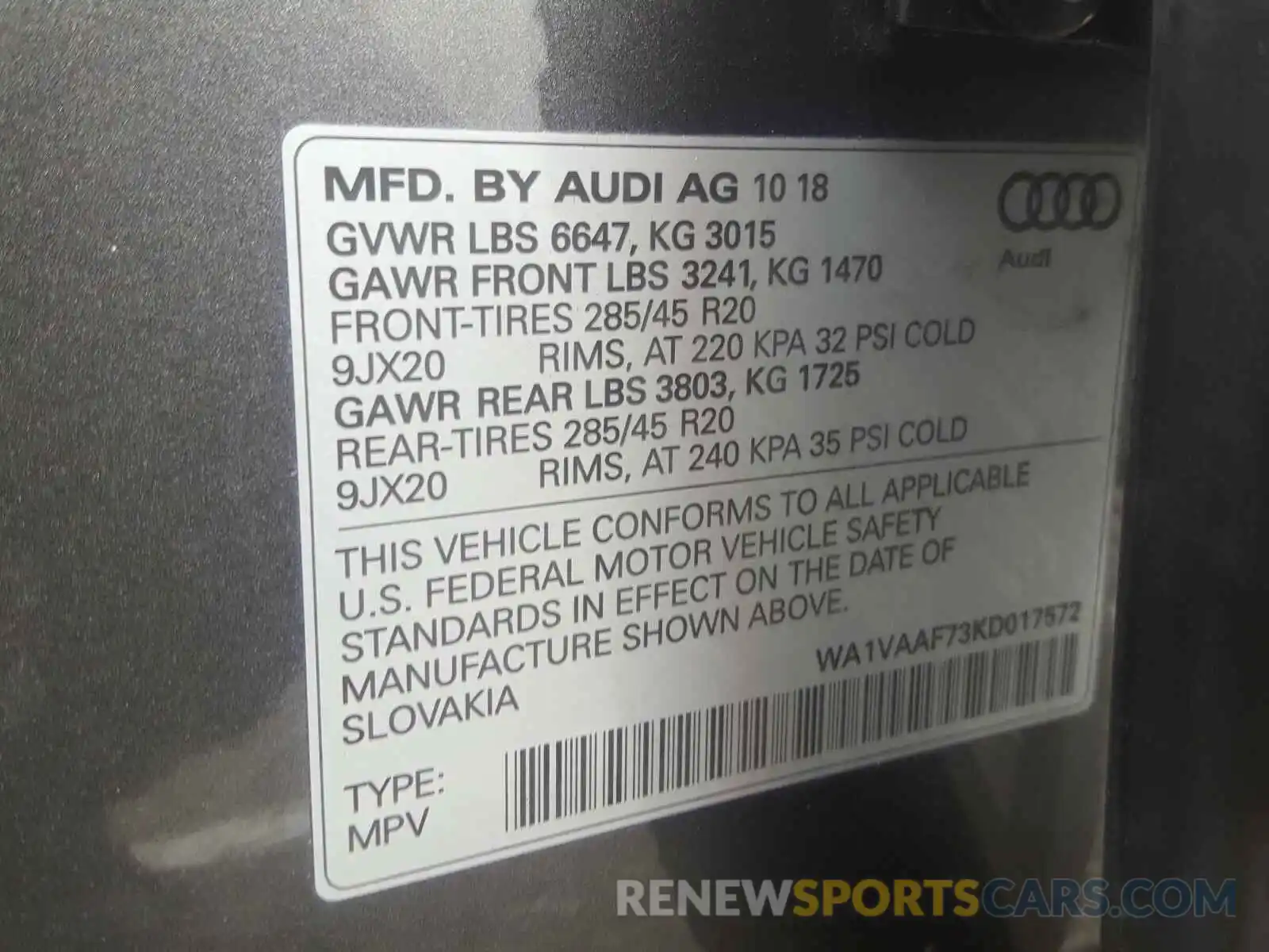 10 Фотография поврежденного автомобиля WA1VAAF73KD017572 AUDI Q7 2019