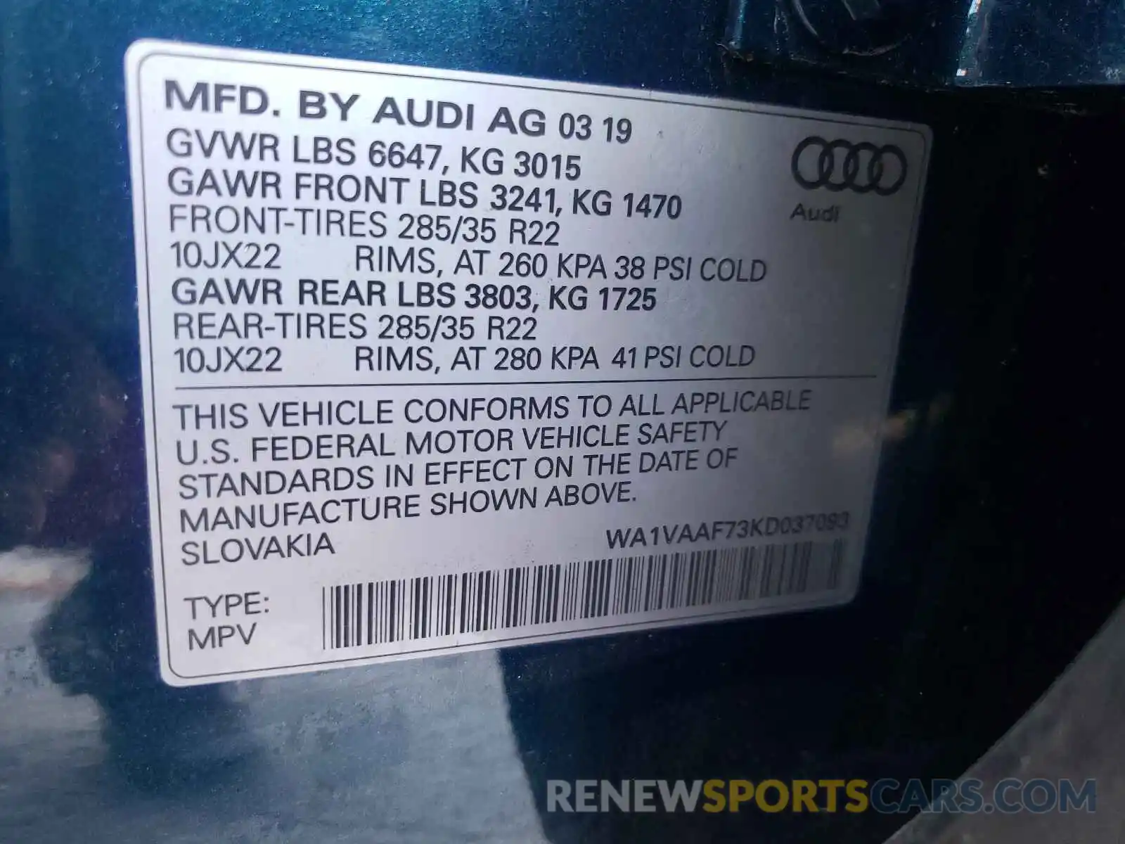 10 Фотография поврежденного автомобиля WA1VAAF73KD037093 AUDI Q7 2019