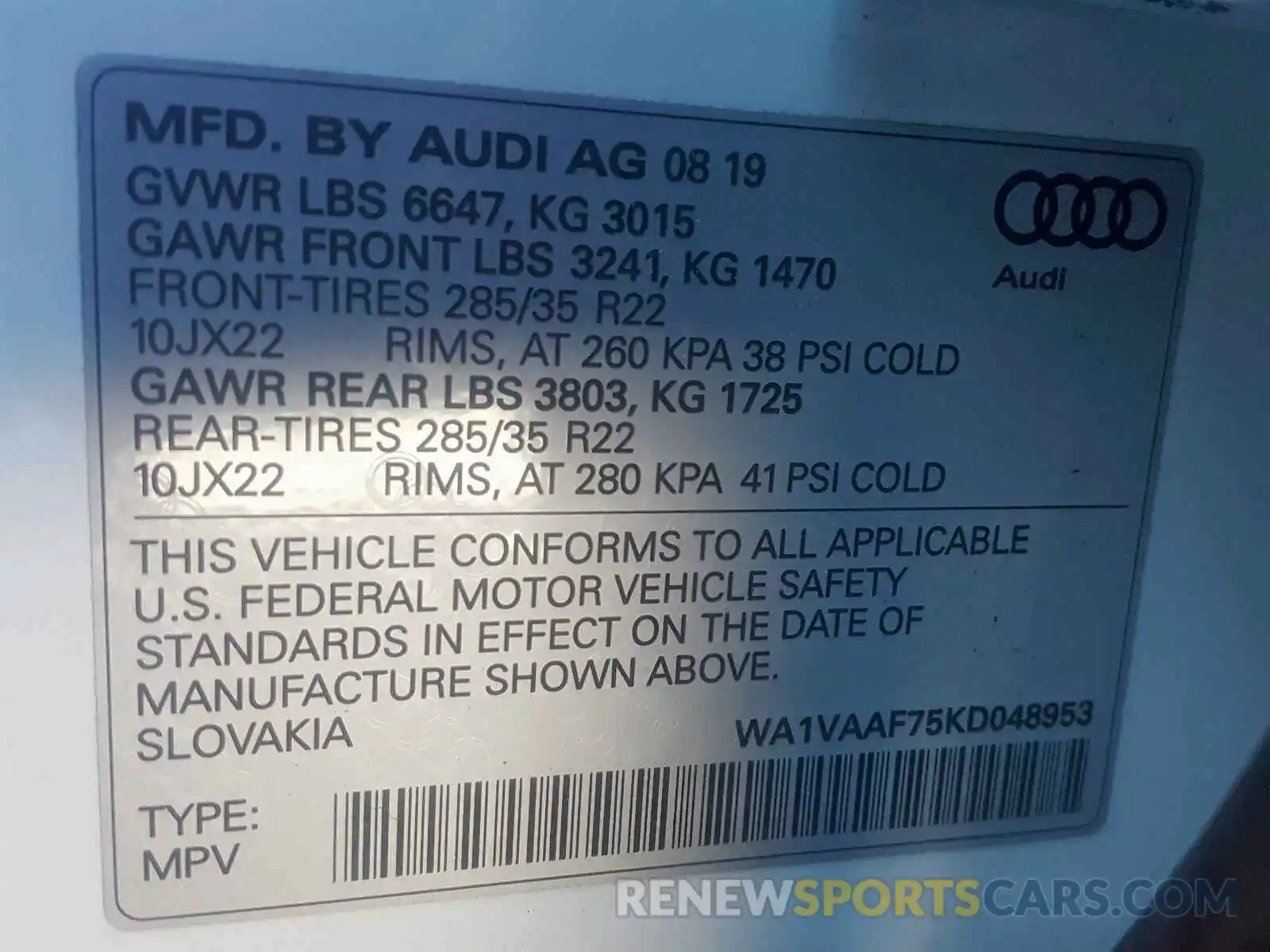 10 Фотография поврежденного автомобиля WA1VAAF75KD048953 AUDI Q7 2019