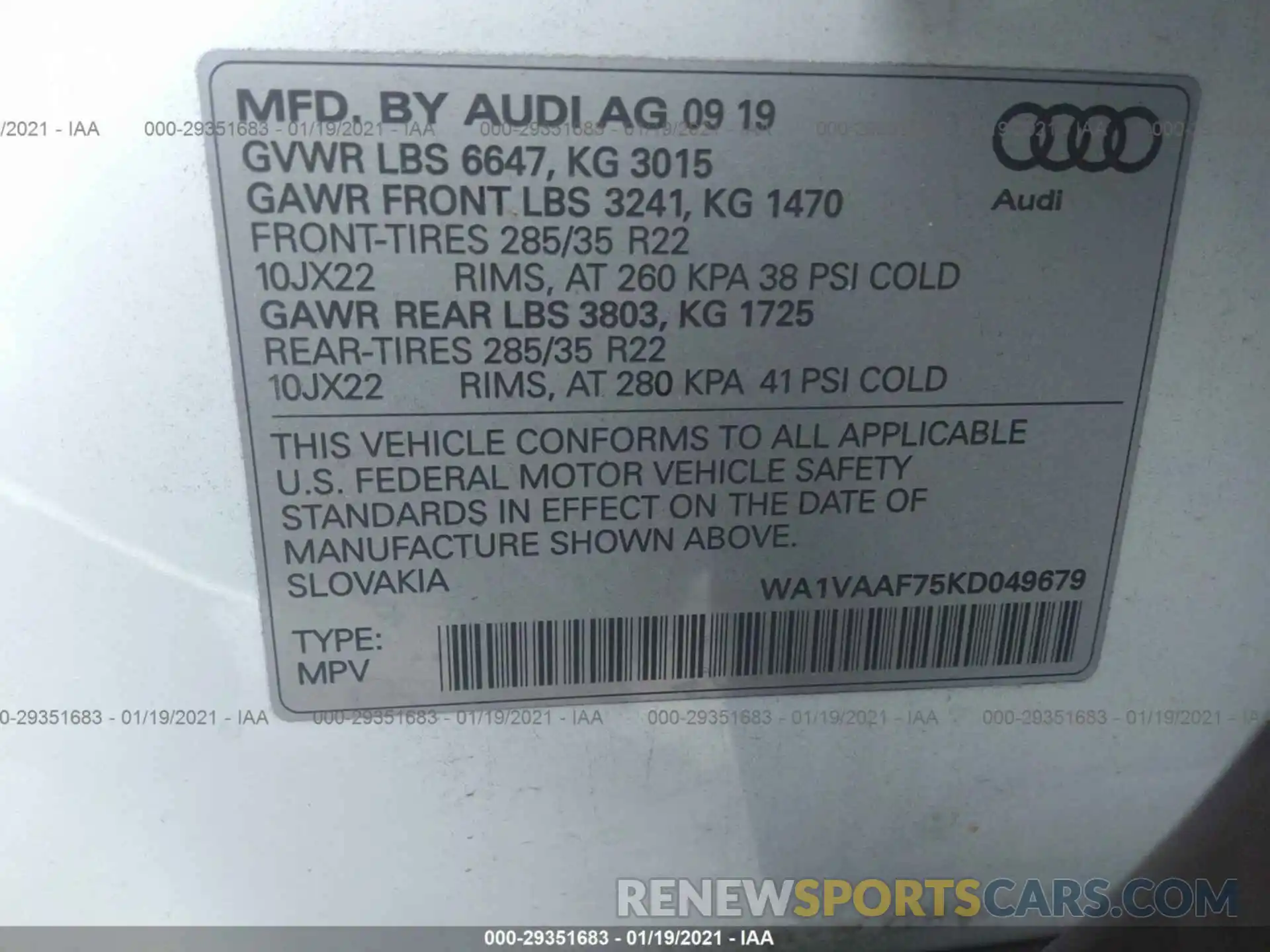 9 Фотография поврежденного автомобиля WA1VAAF75KD049679 AUDI Q7 2019