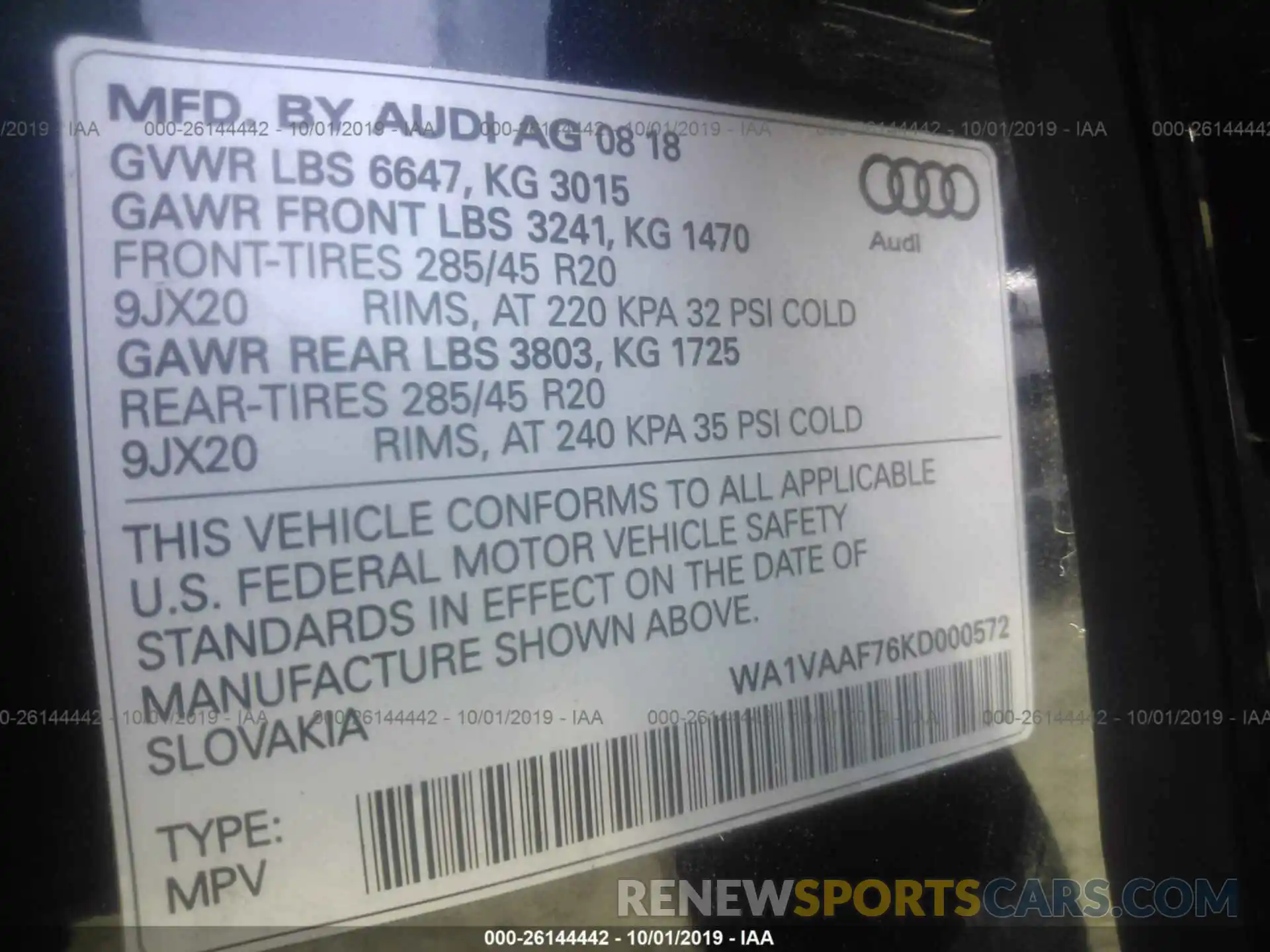 9 Фотография поврежденного автомобиля WA1VAAF76KD000572 AUDI Q7 2019