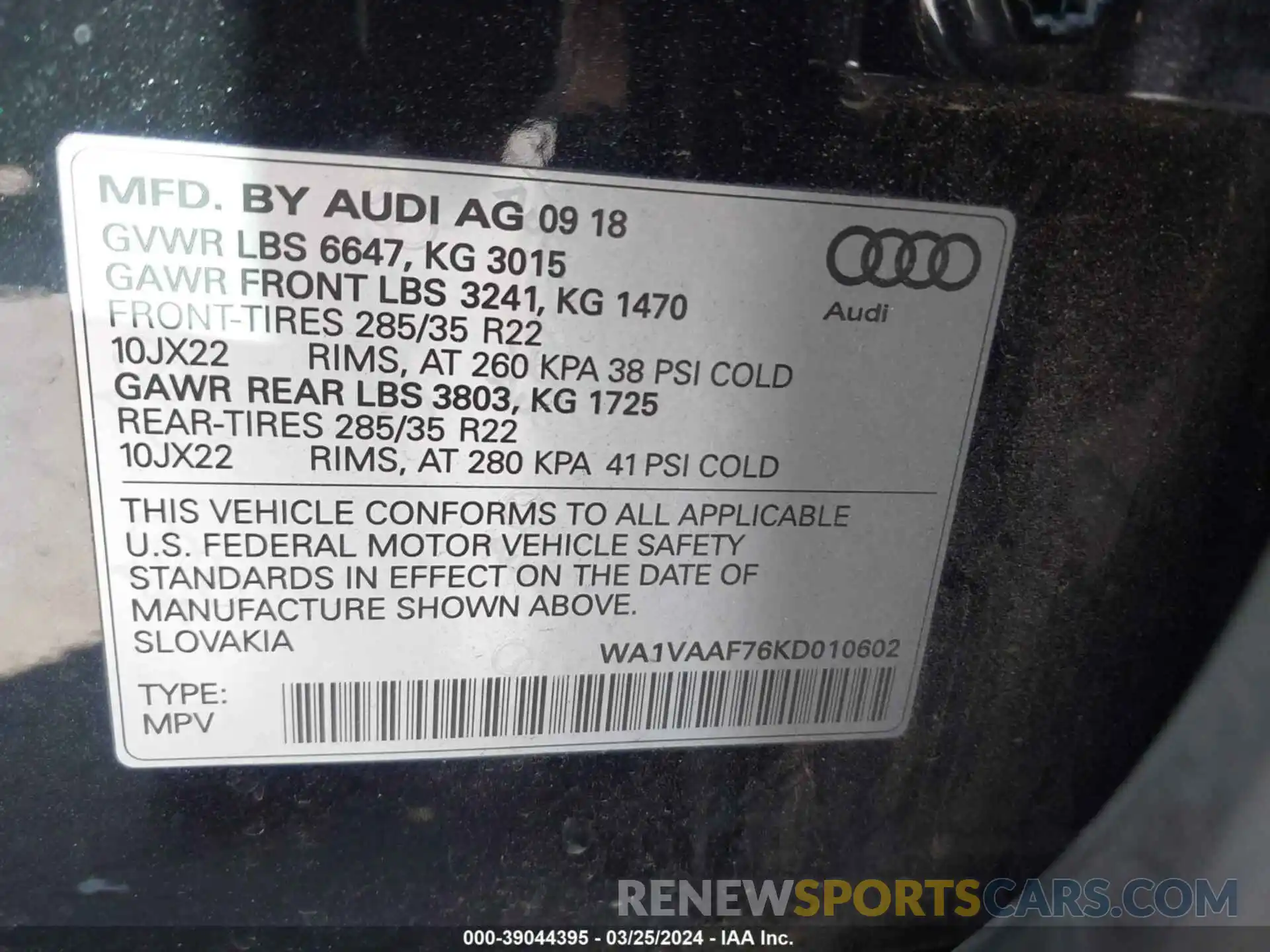 9 Фотография поврежденного автомобиля WA1VAAF76KD010602 AUDI Q7 2019