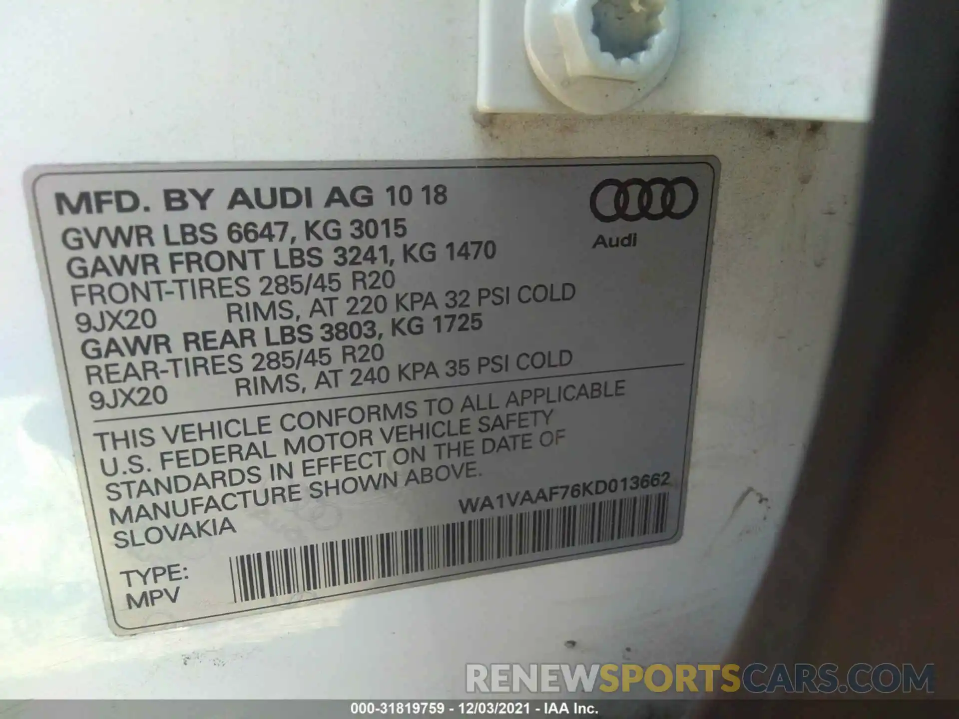 9 Фотография поврежденного автомобиля WA1VAAF76KD013662 AUDI Q7 2019