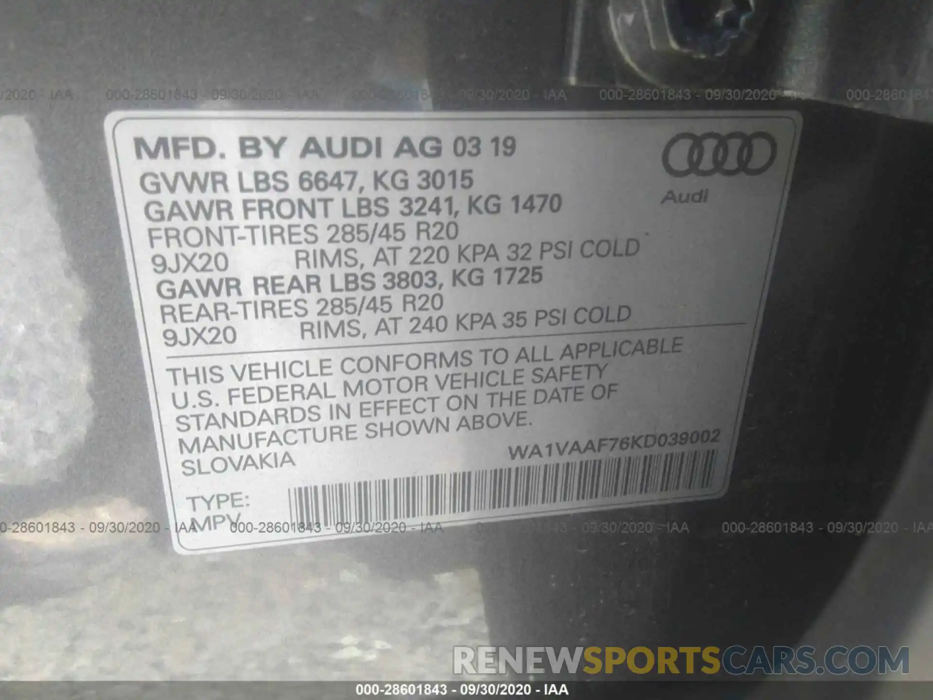 9 Фотография поврежденного автомобиля WA1VAAF76KD039002 AUDI Q7 2019