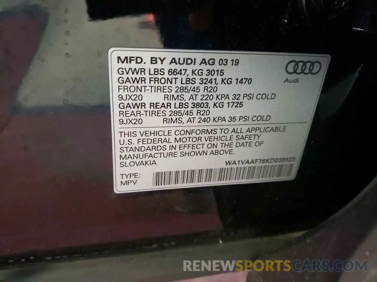 10 Фотография поврежденного автомобиля WA1VAAF76KD039923 AUDI Q7 2019