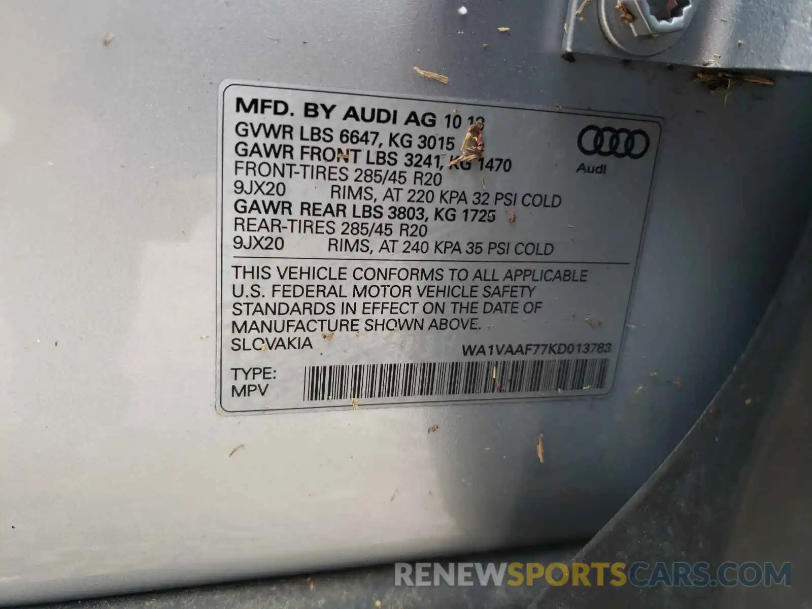 10 Photograph of a damaged car WA1VAAF77KD013783 AUDI Q7 2019