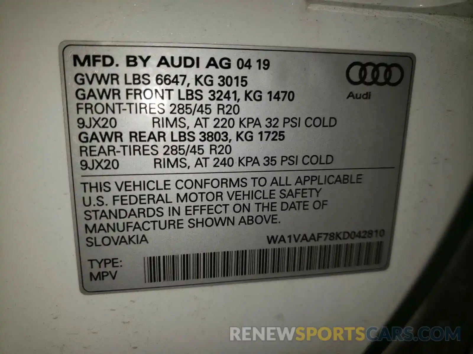 10 Фотография поврежденного автомобиля WA1VAAF78KD042810 AUDI Q7 2019