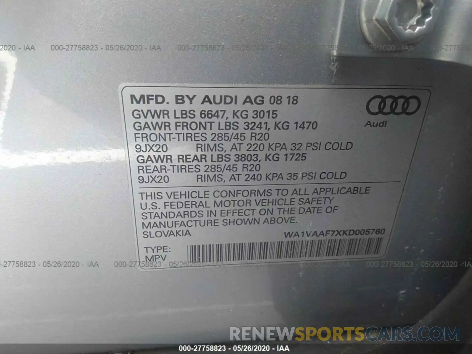 9 Фотография поврежденного автомобиля WA1VAAF7XKD005760 AUDI Q7 2019