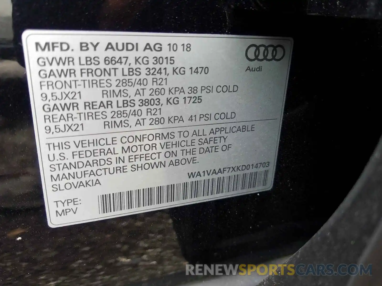 10 Photograph of a damaged car WA1VAAF7XKD014703 AUDI Q7 2019