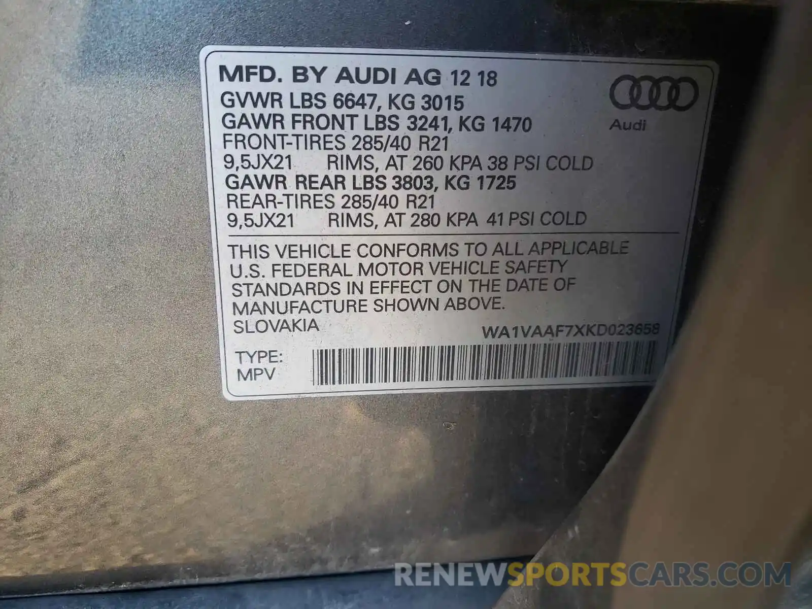 10 Photograph of a damaged car WA1VAAF7XKD023658 AUDI Q7 2019