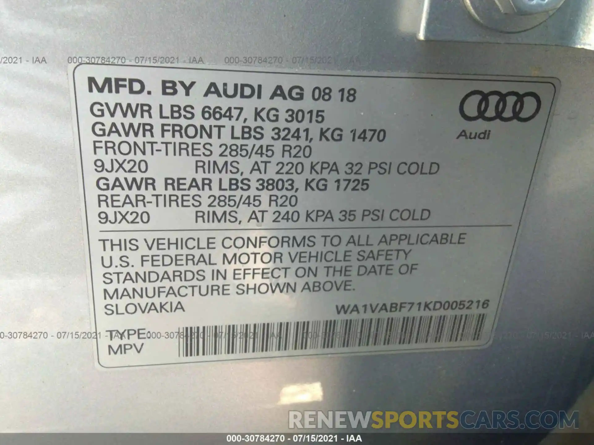 9 Photograph of a damaged car WA1VABF71KD005216 AUDI Q7 2019