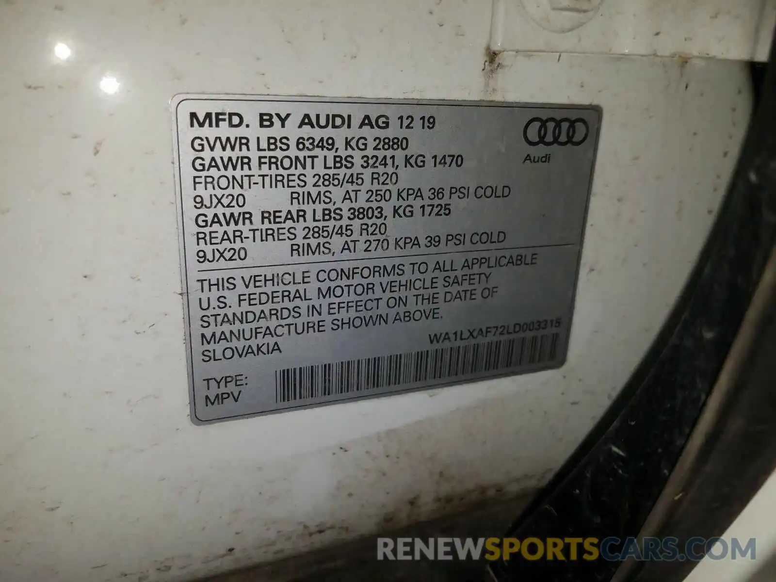 10 Photograph of a damaged car WA1LXAF72LD003315 AUDI Q7 2020