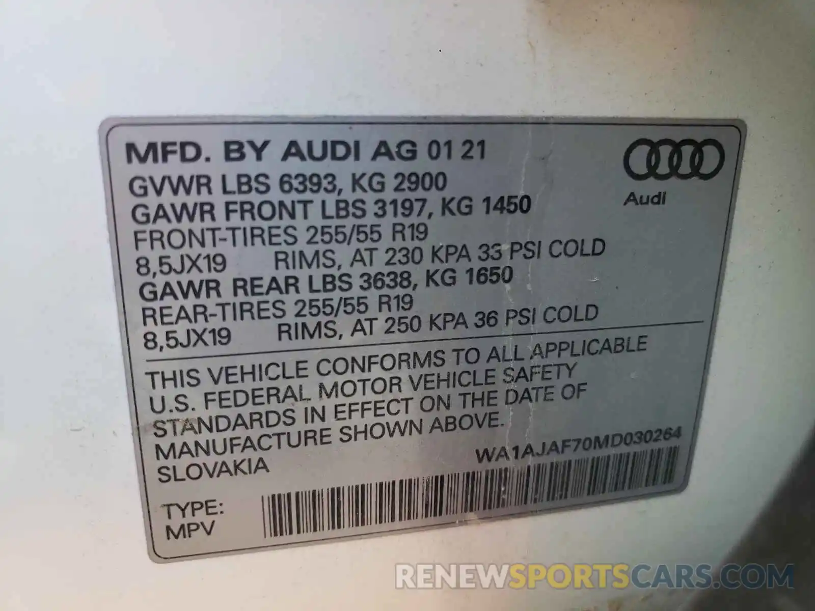 10 Photograph of a damaged car WA1AJAF70MD030264 AUDI Q7 2021