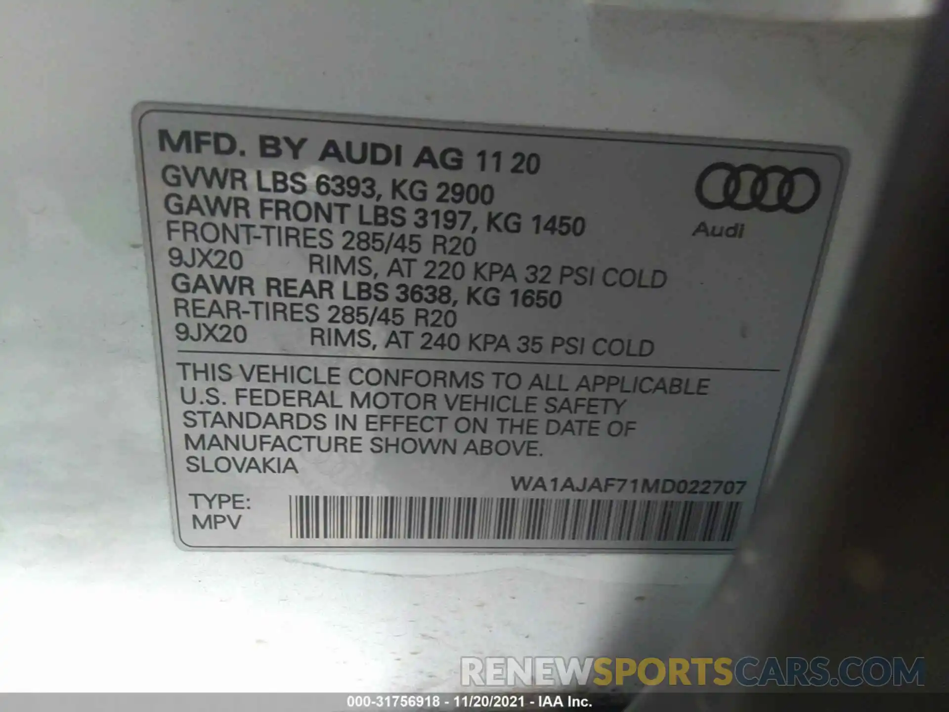 9 Фотография поврежденного автомобиля WA1AJAF71MD022707 AUDI Q7 2021