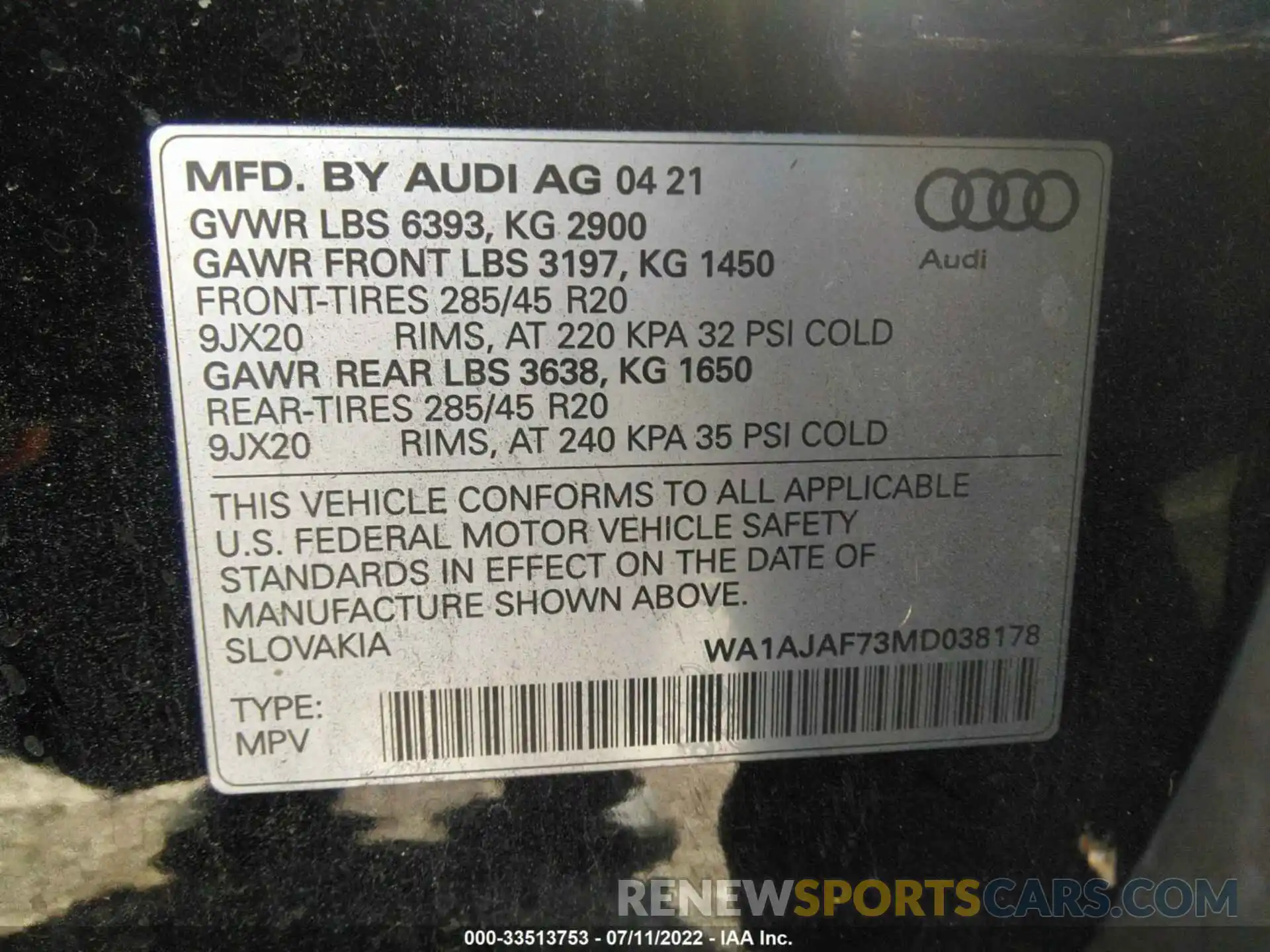 9 Фотография поврежденного автомобиля WA1AJAF73MD038178 AUDI Q7 2021