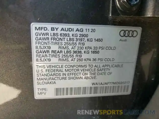 10 Photograph of a damaged car WA1AJAF77MD020217 AUDI Q7 2021