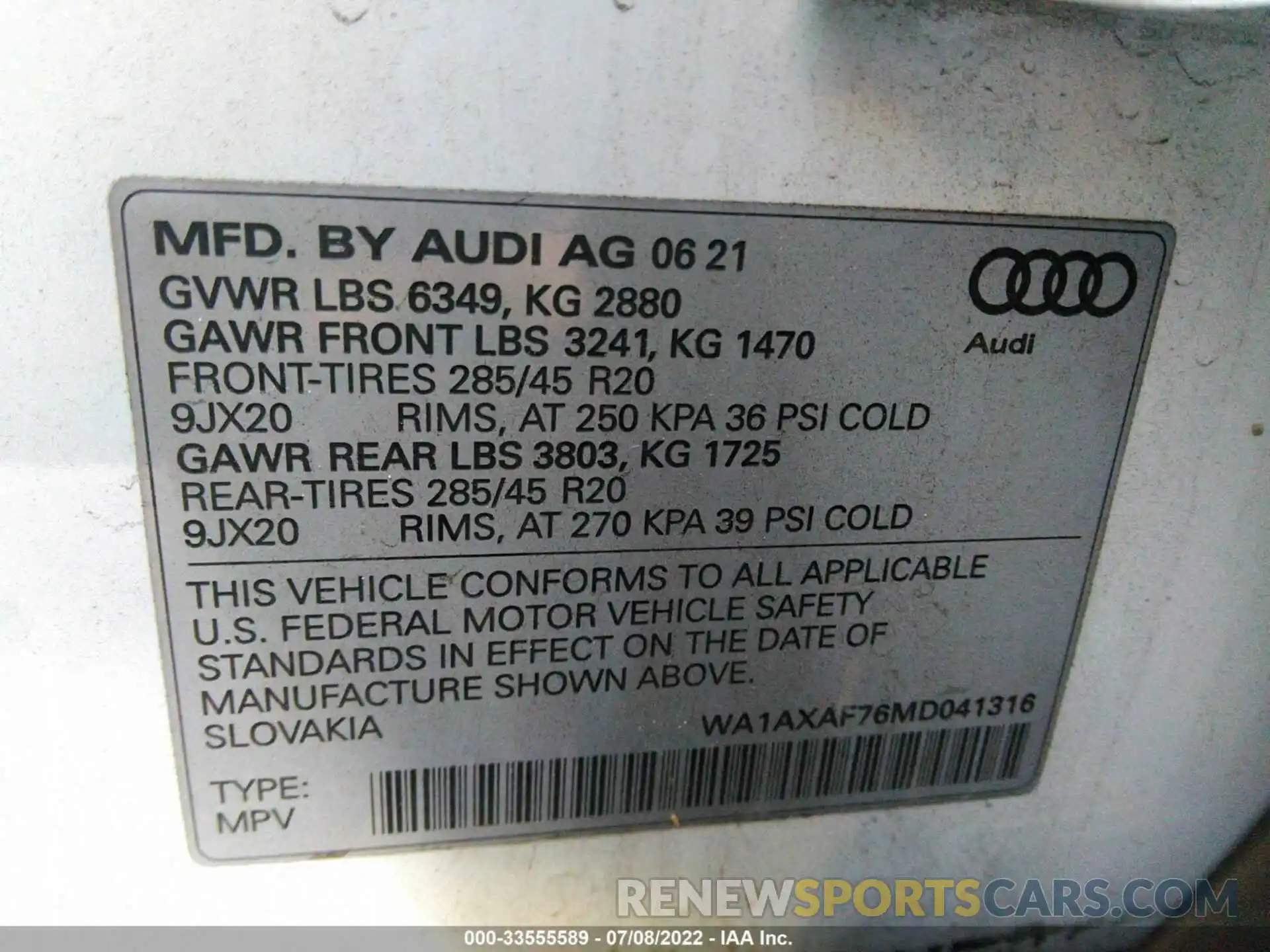 9 Фотография поврежденного автомобиля WA1AXAF76MD041316 AUDI Q7 2021