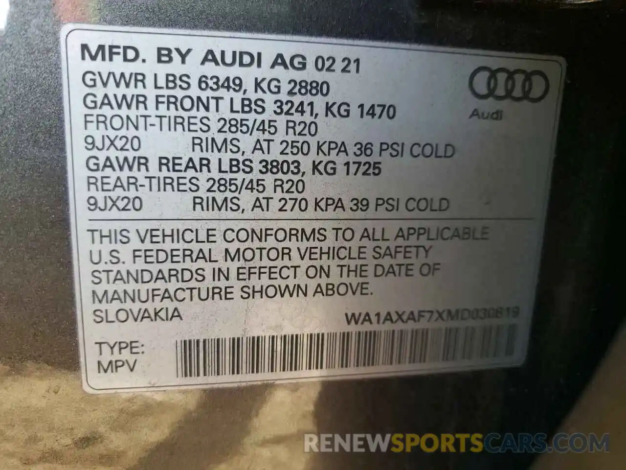 10 Фотография поврежденного автомобиля WA1AXAF7XMD030819 AUDI Q7 2021