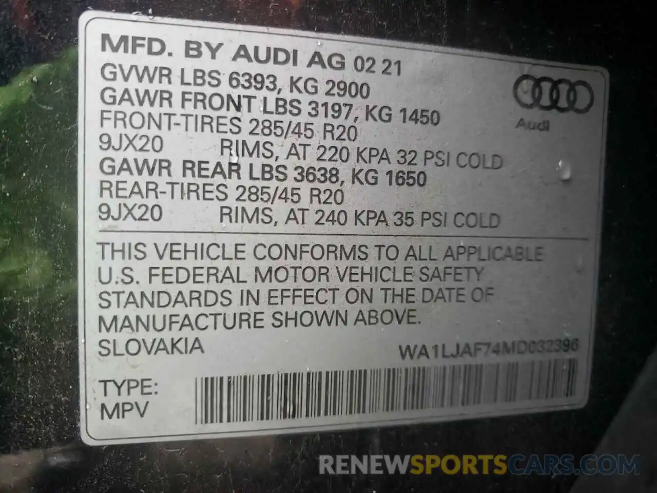 10 Photograph of a damaged car WA1LJAF74MD032396 AUDI Q7 2021