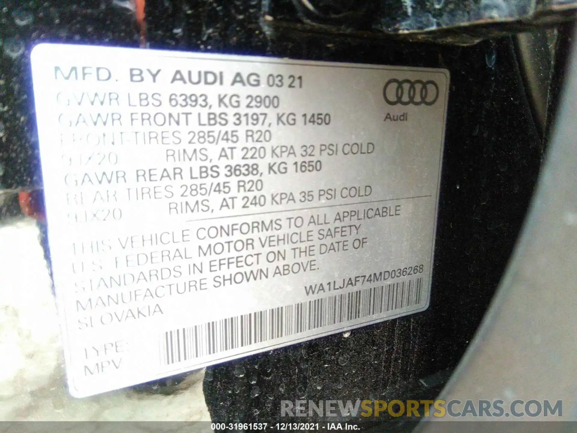 9 Фотография поврежденного автомобиля WA1LJAF74MD036268 AUDI Q7 2021