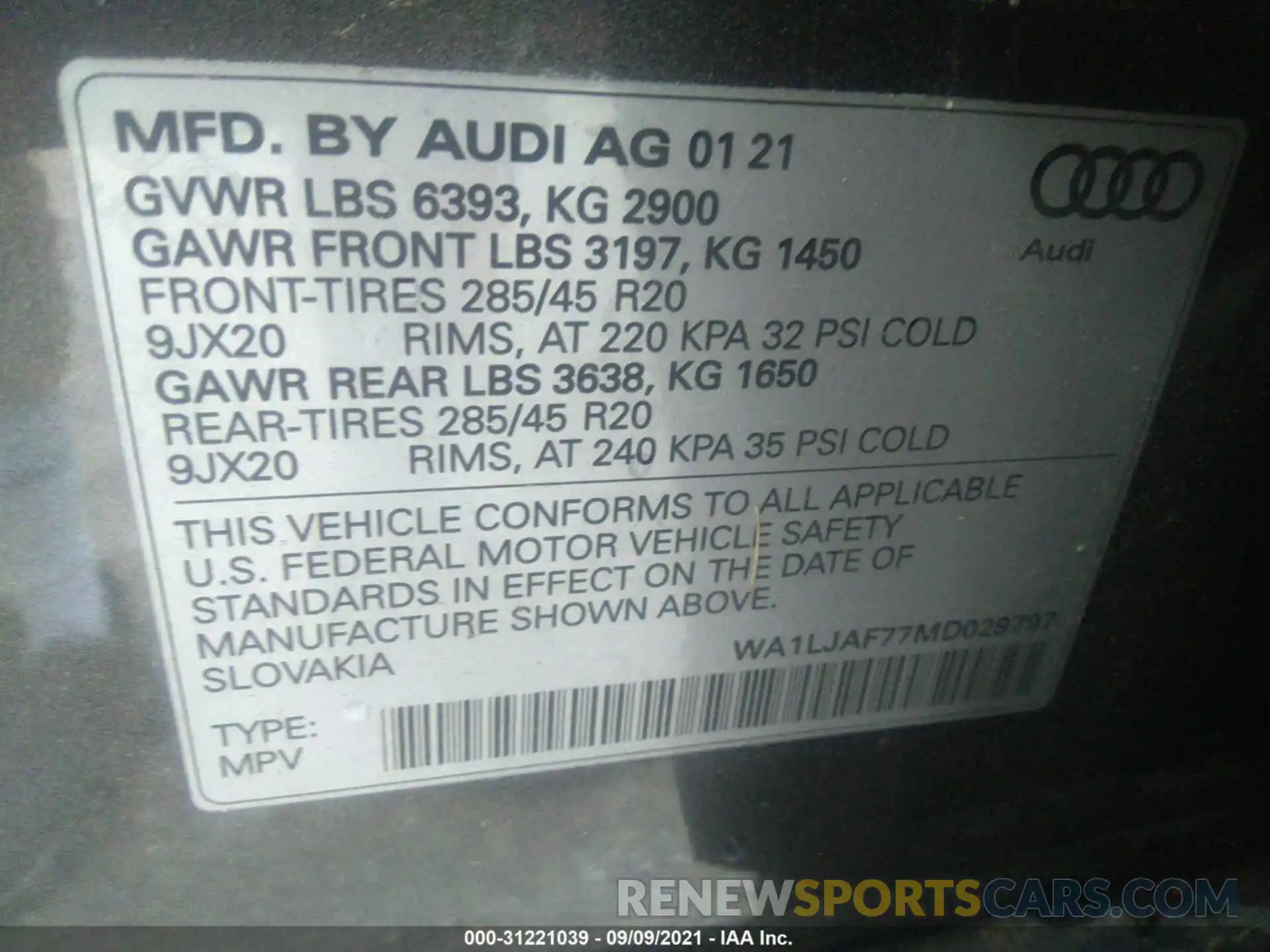 9 Фотография поврежденного автомобиля WA1LJAF77MD029797 AUDI Q7 2021