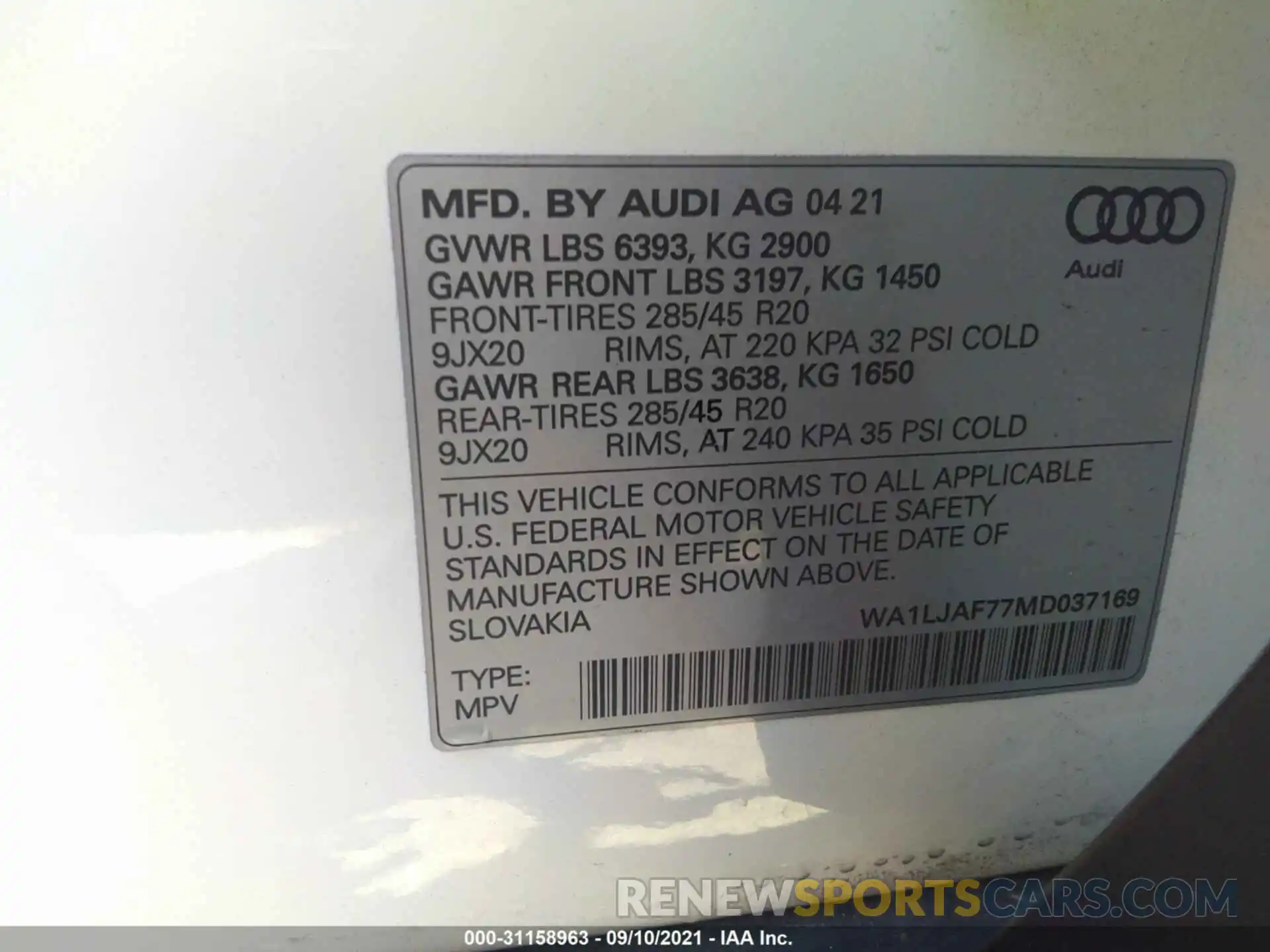 9 Фотография поврежденного автомобиля WA1LJAF77MD037169 AUDI Q7 2021