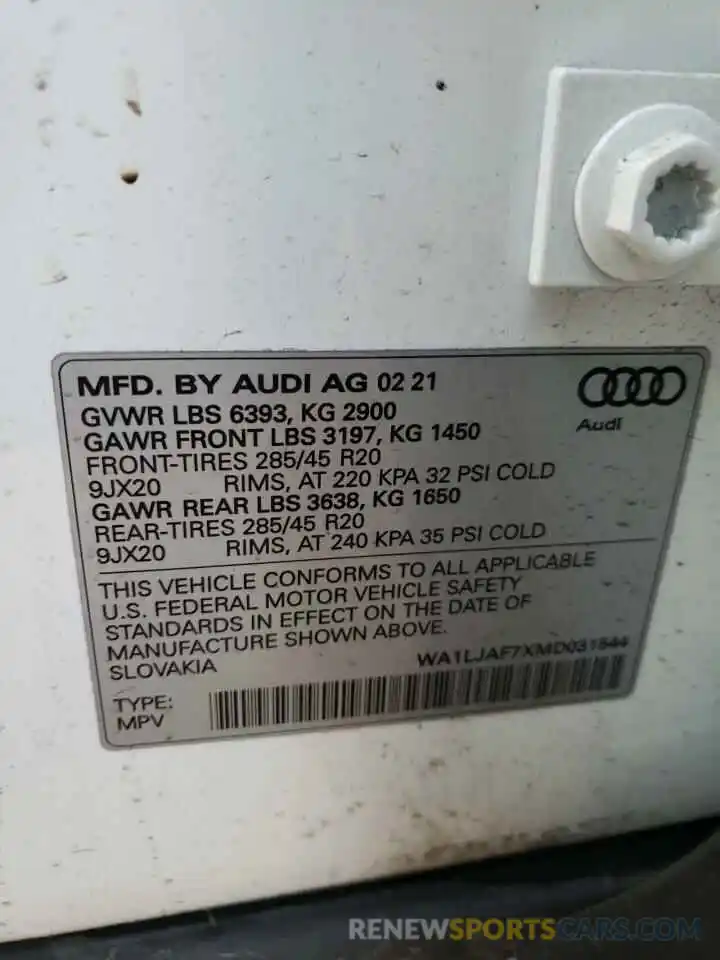 10 Фотография поврежденного автомобиля WA1LJAF7XMD031544 AUDI Q7 2021