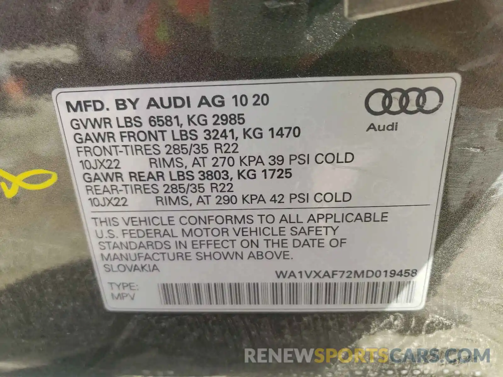 10 Фотография поврежденного автомобиля WA1VXAF72MD019458 AUDI Q7 2021