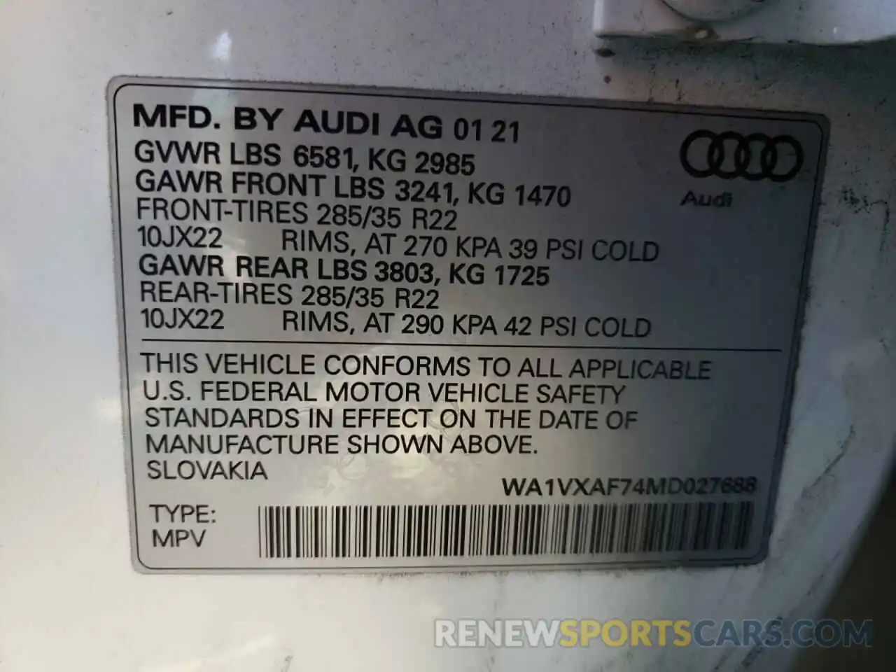 10 Photograph of a damaged car WA1VXAF74MD027688 AUDI Q7 2021