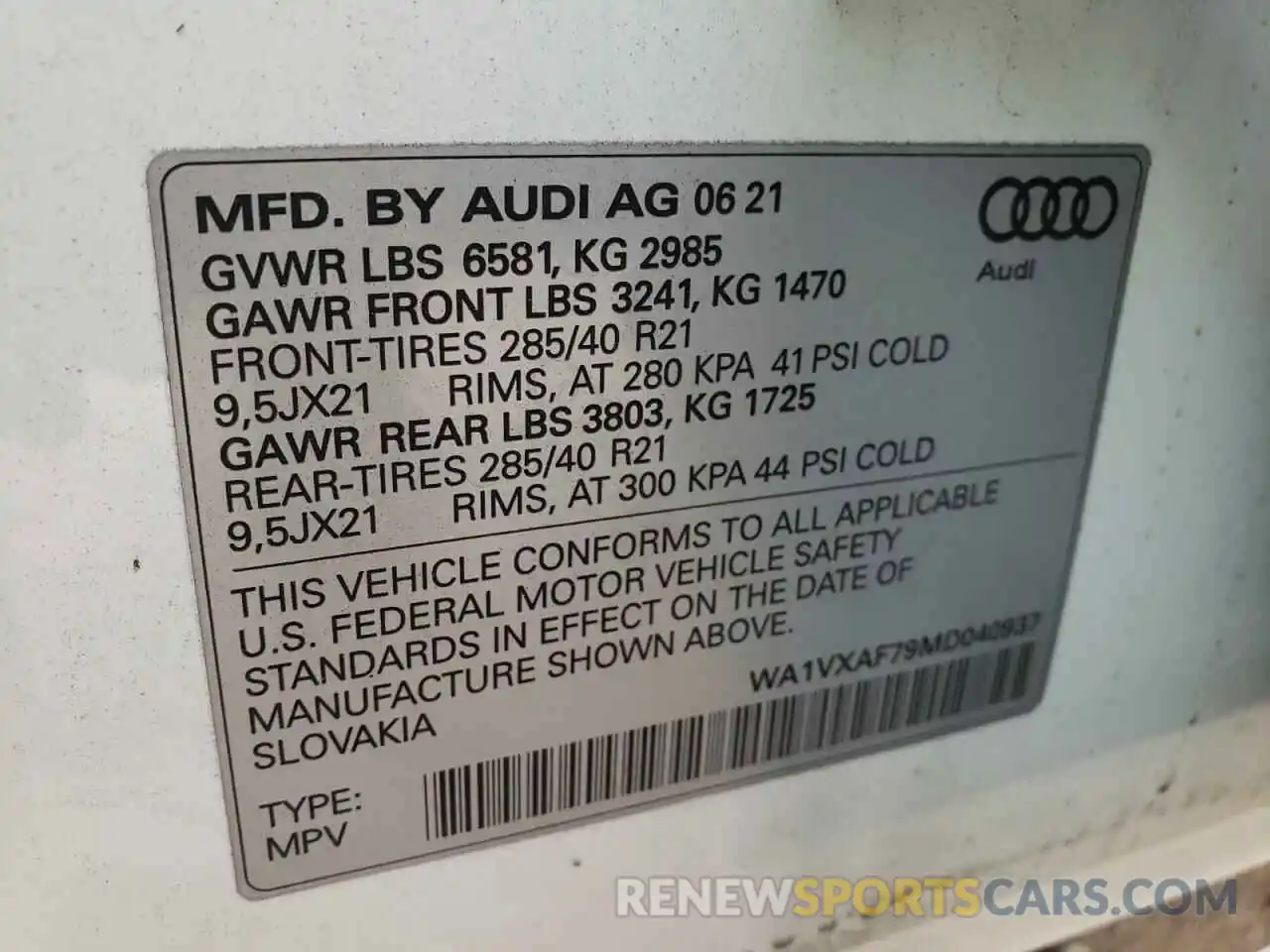 10 Фотография поврежденного автомобиля WA1VXAF79MD040937 AUDI Q7 2021