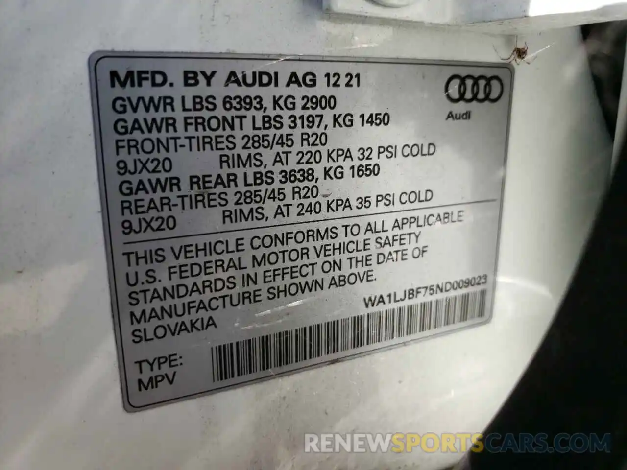 10 Фотография поврежденного автомобиля WA1LJBF75ND009023 AUDI Q7 2022