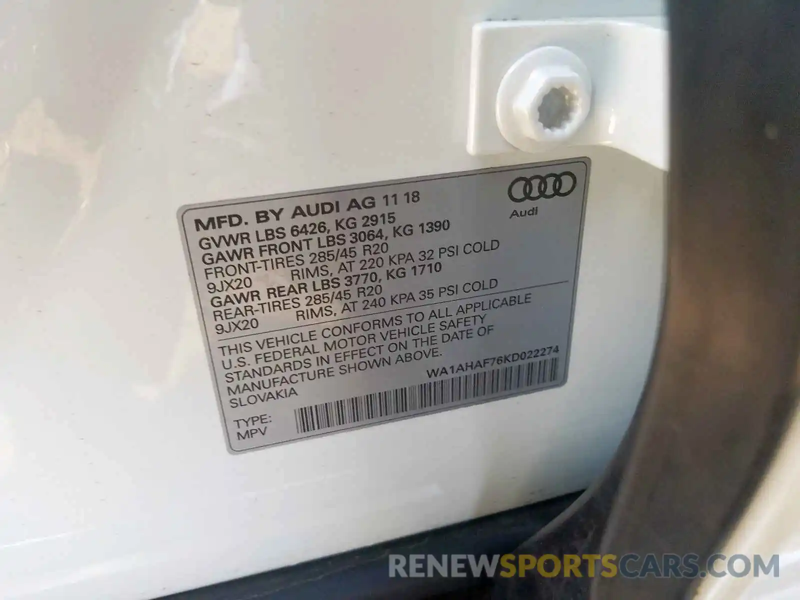 10 Photograph of a damaged car WA1AHAF76KD022274 AUDI Q7 PREMIUM 2019