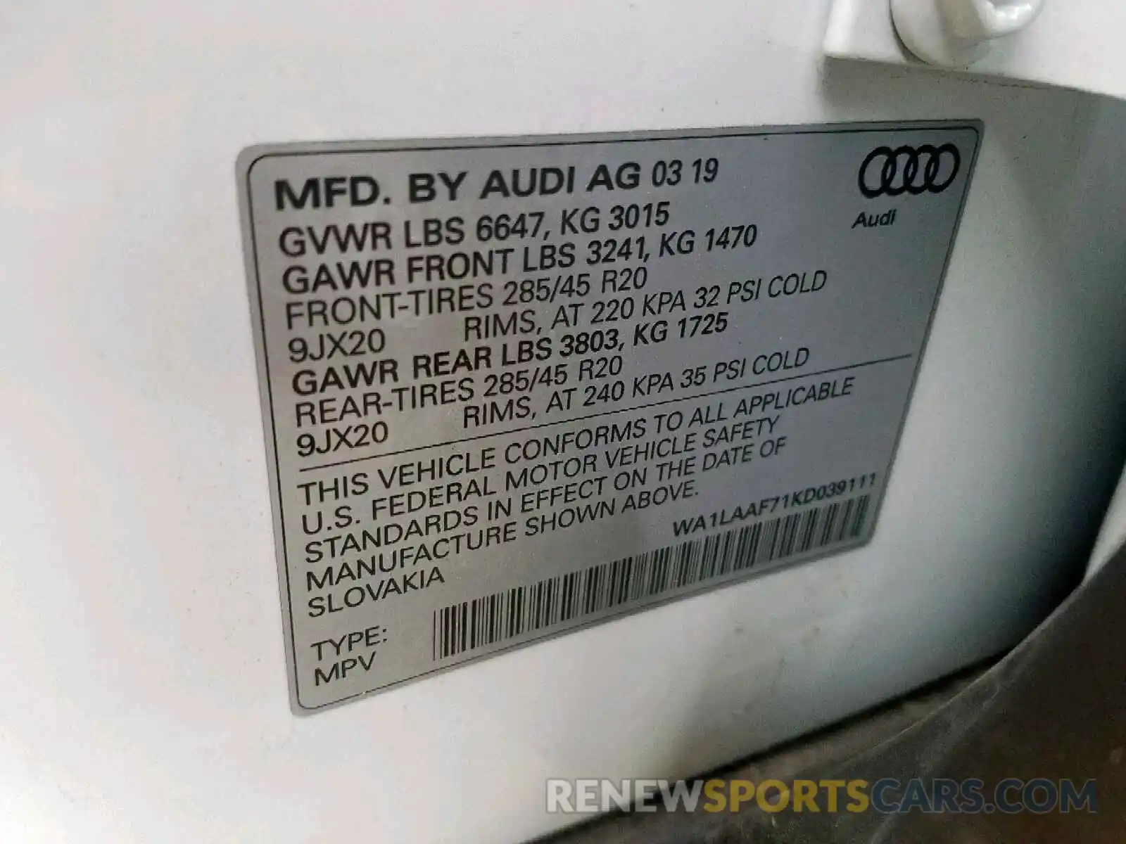 10 Фотография поврежденного автомобиля WA1LAAF71KD039111 AUDI Q7 PREMIUM 2019