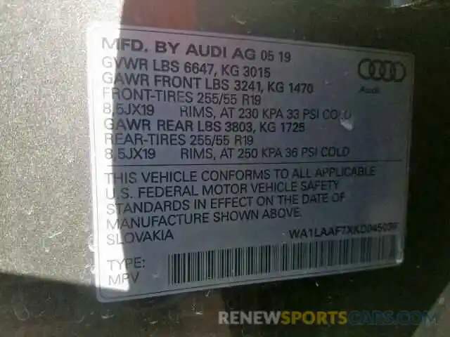 10 Photograph of a damaged car WA1LAAF7XKD045036 AUDI Q7 PREMIUM 2019