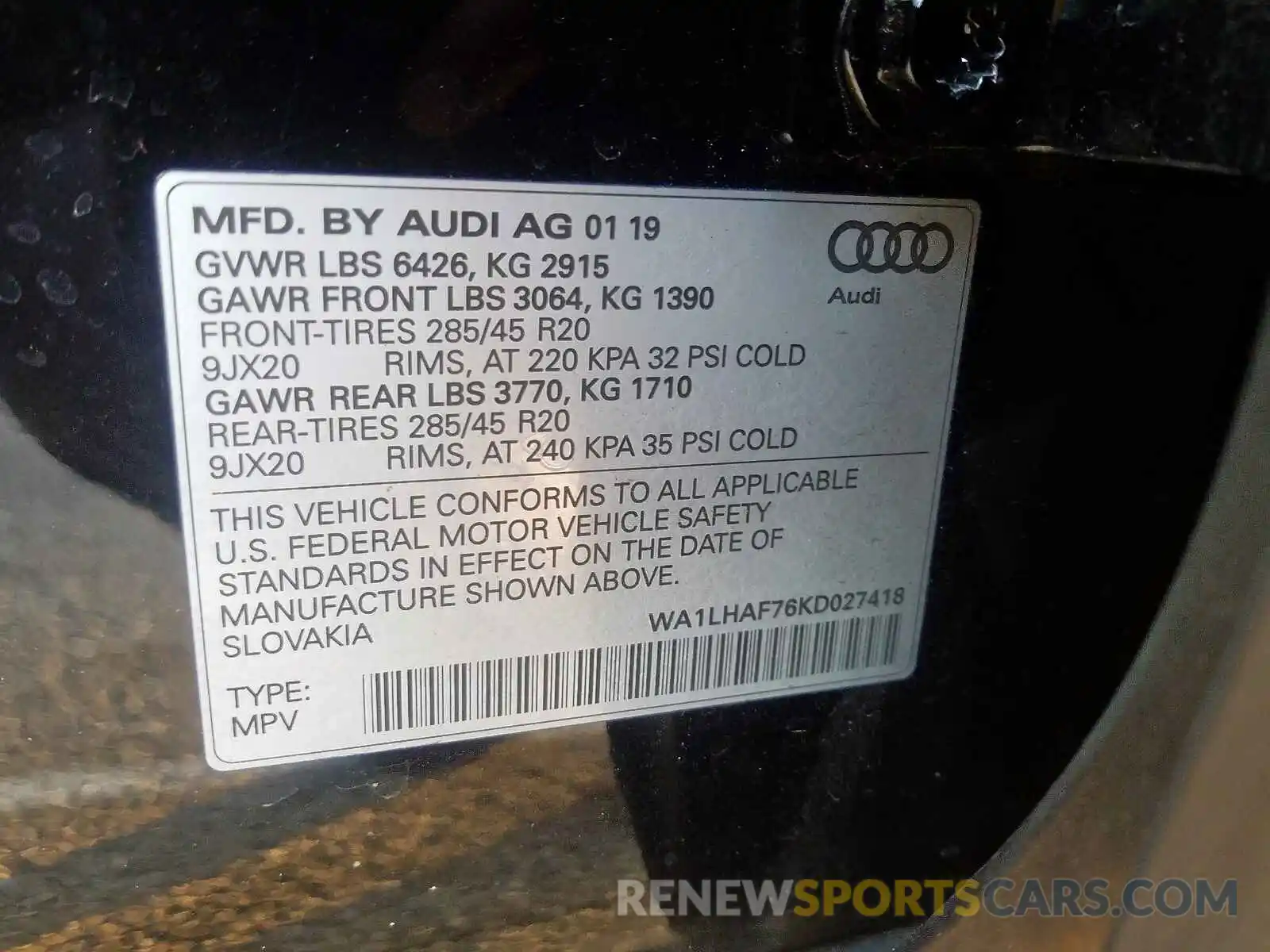 10 Photograph of a damaged car WA1LHAF76KD027418 AUDI Q7 PREMIUM 2019