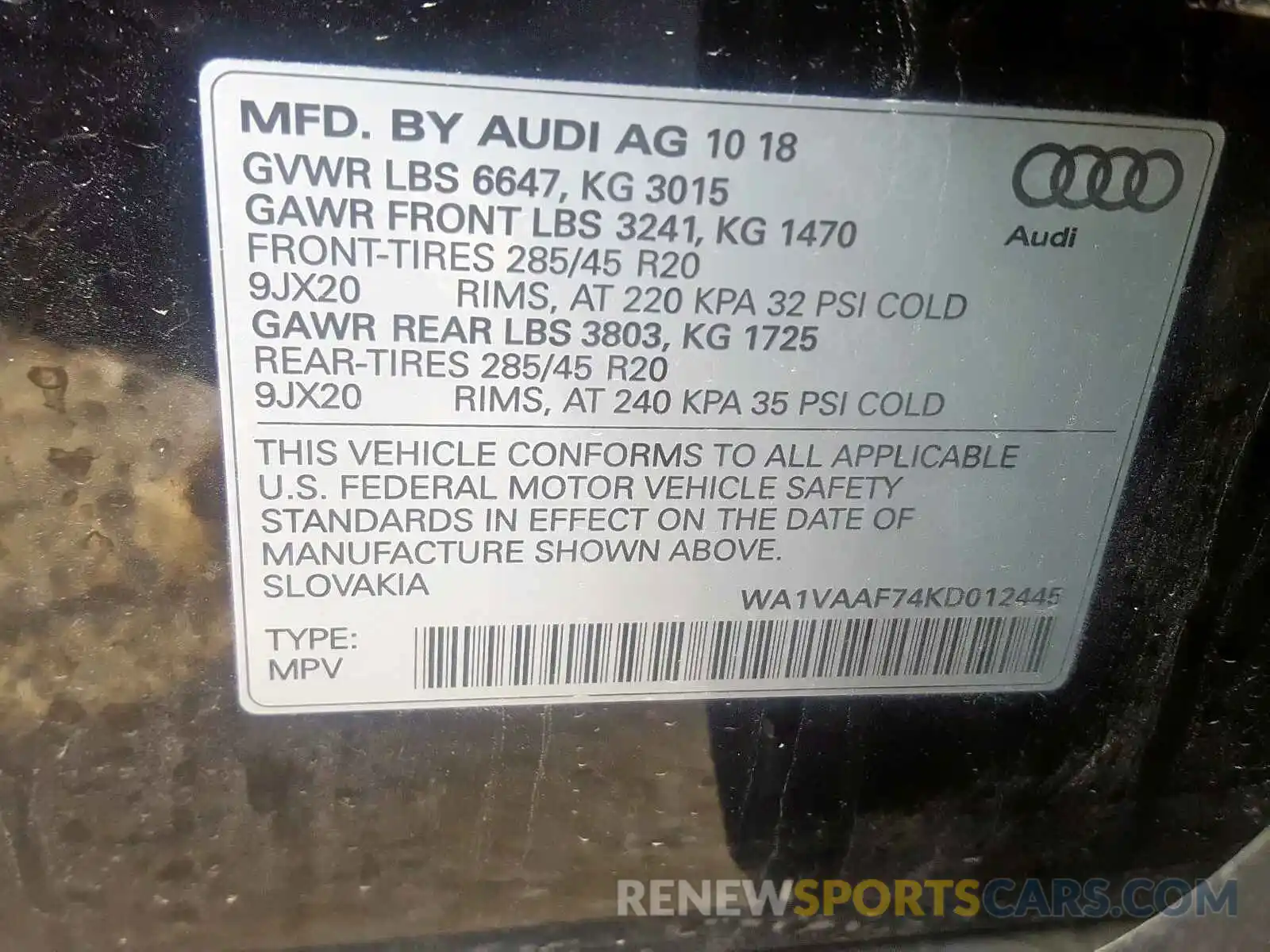 10 Фотография поврежденного автомобиля WA1VAAF74KD012445 AUDI Q7 PRESTIG 2019