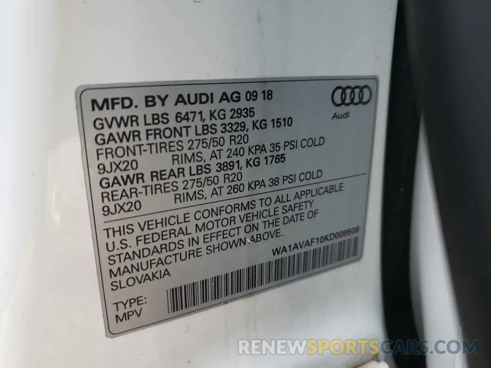 10 Photograph of a damaged car WA1AVAF10KD009508 AUDI Q8 2019