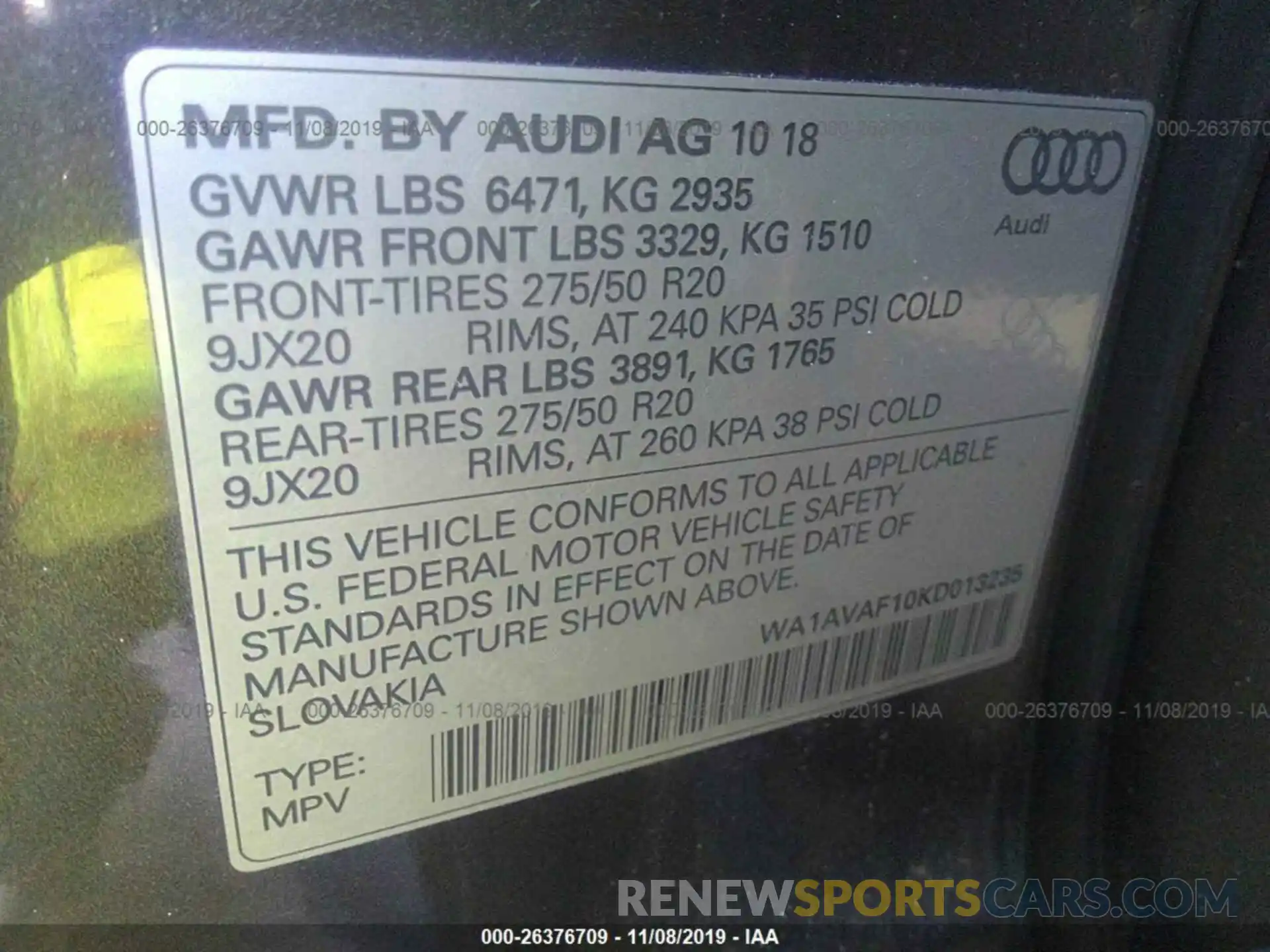 9 Фотография поврежденного автомобиля WA1AVAF10KD013235 AUDI Q8 2019