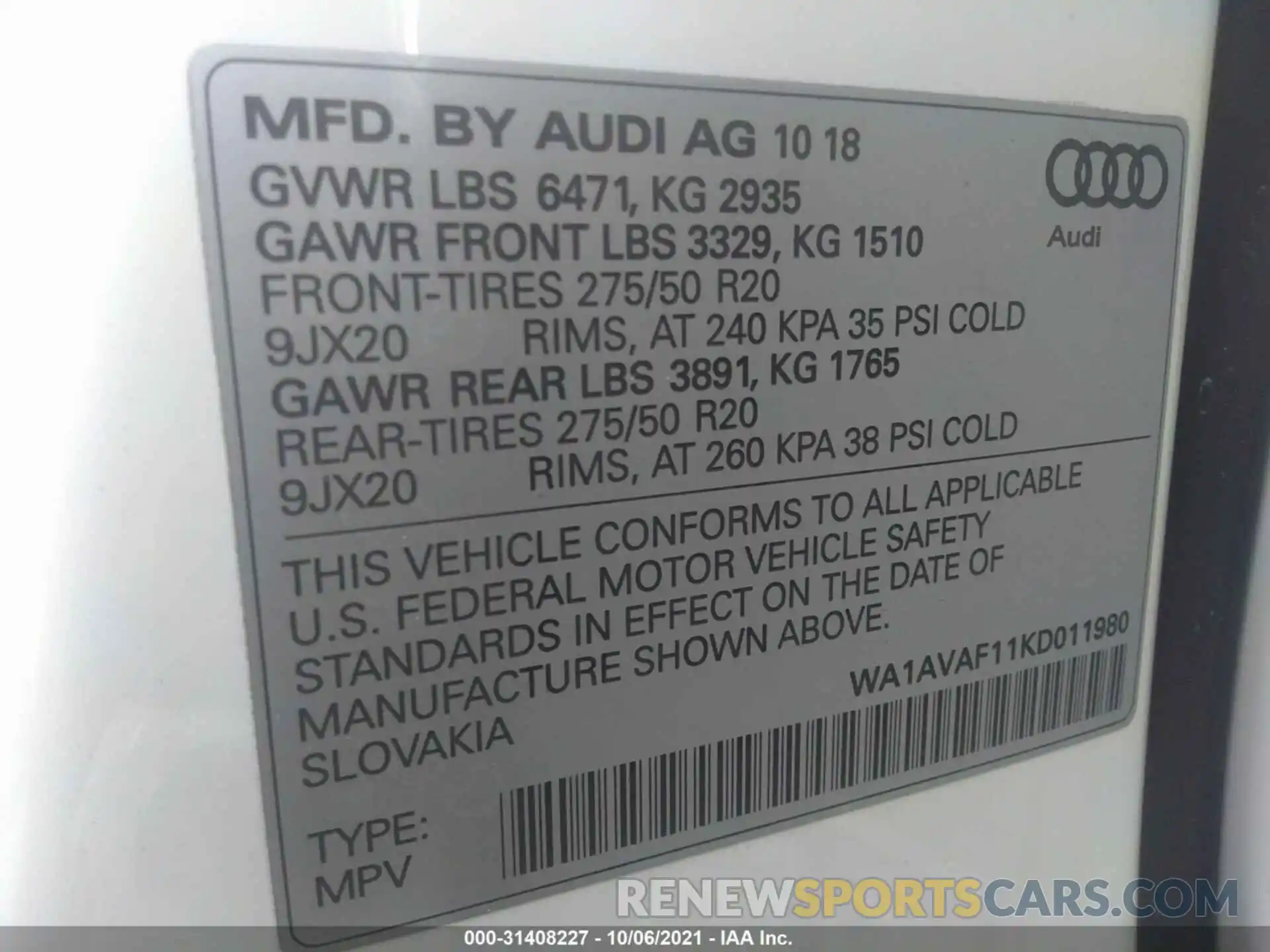 9 Photograph of a damaged car WA1AVAF11KD011980 AUDI Q8 2019