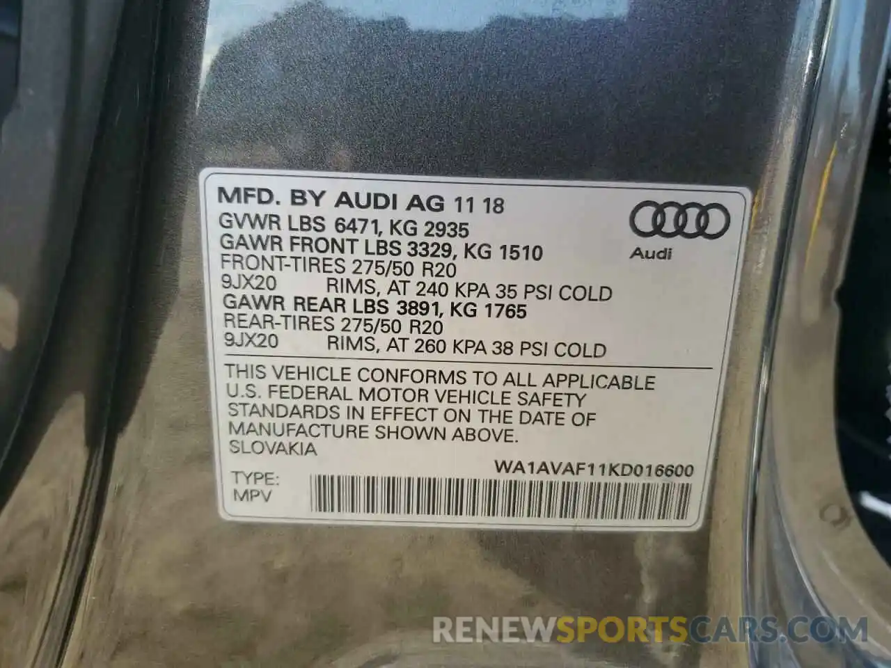 14 Photograph of a damaged car WA1AVAF11KD016600 AUDI Q8 2019