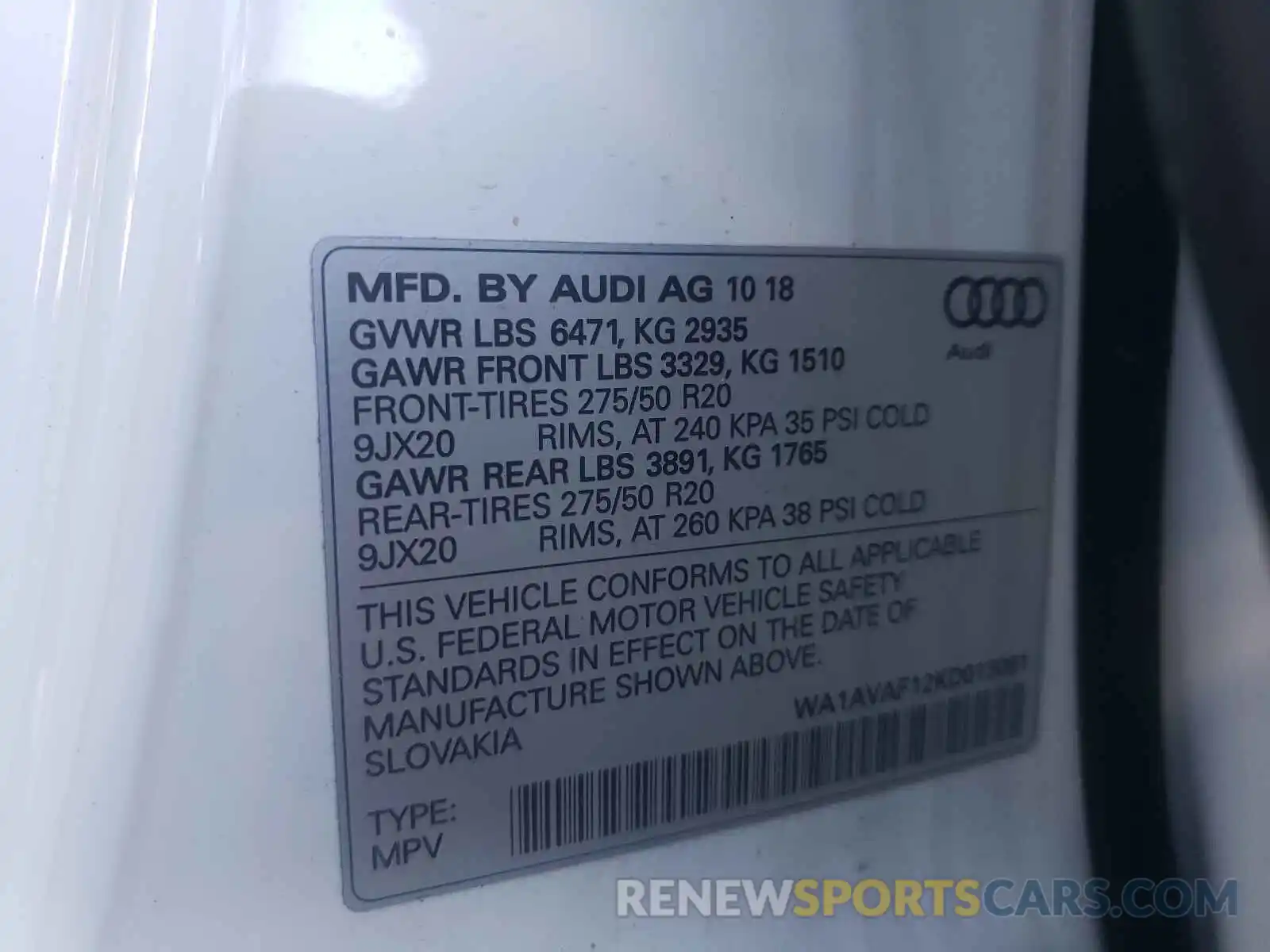 10 Photograph of a damaged car WA1AVAF12KD013091 AUDI Q8 2019