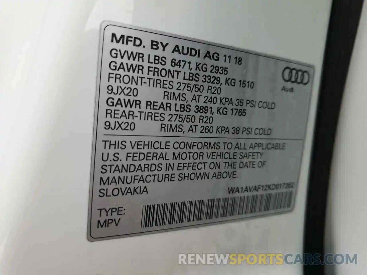 12 Photograph of a damaged car WA1AVAF12KD017352 AUDI Q8 2019