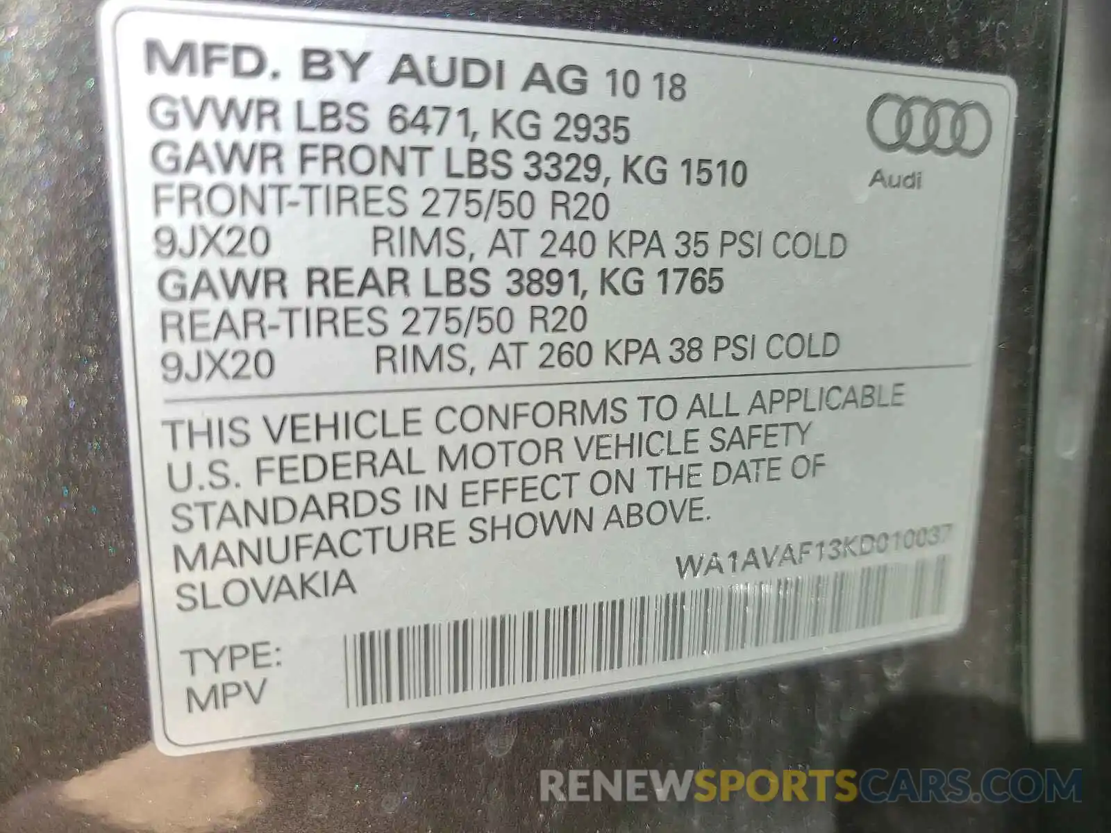 10 Photograph of a damaged car WA1AVAF13KD010037 AUDI Q8 2019