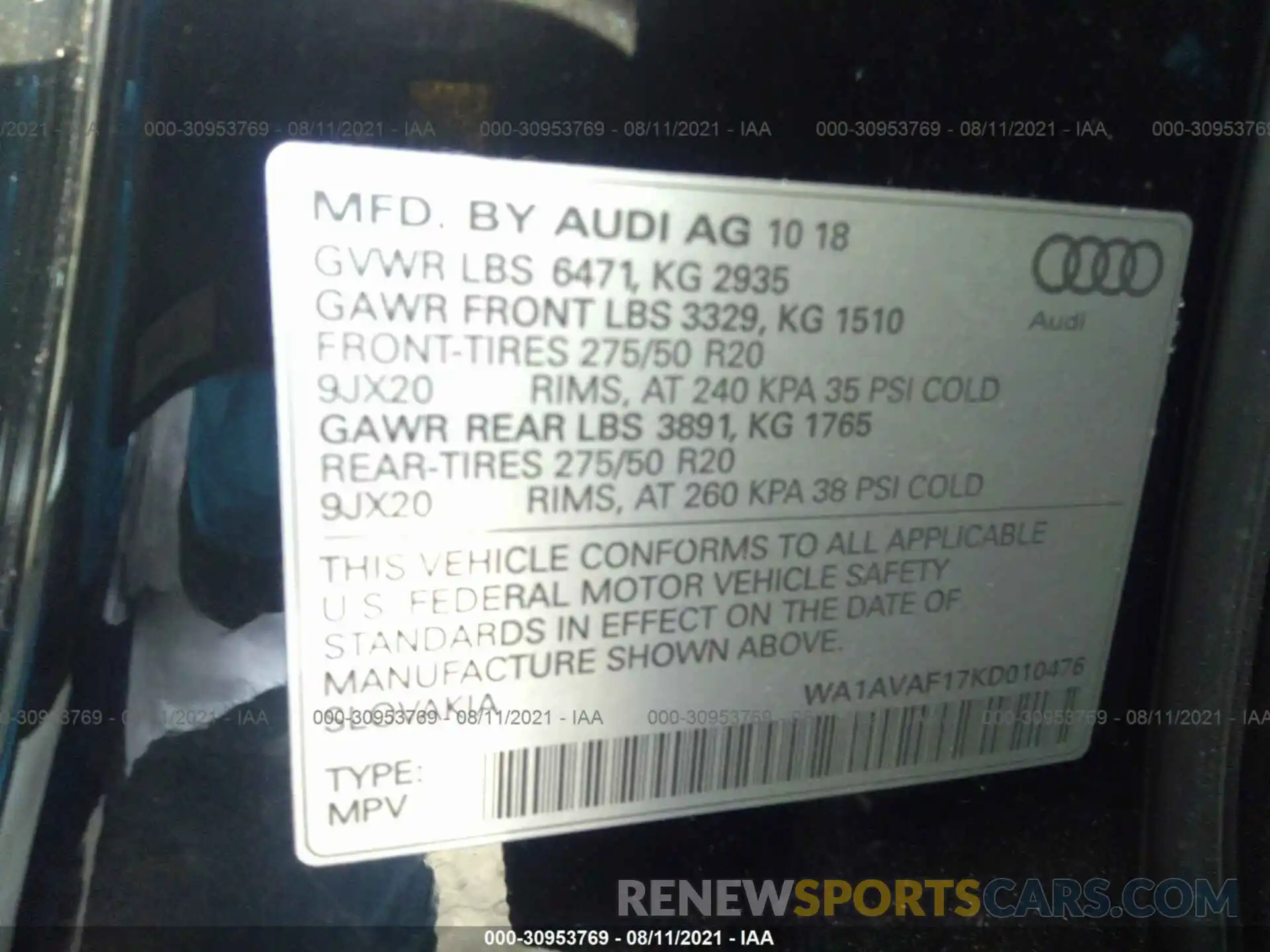 9 Фотография поврежденного автомобиля WA1AVAF17KD010476 AUDI Q8 2019