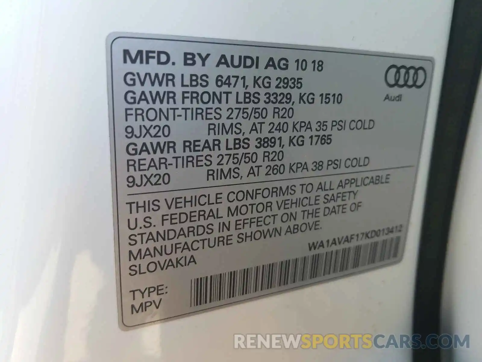 10 Photograph of a damaged car WA1AVAF17KD013412 AUDI Q8 2019