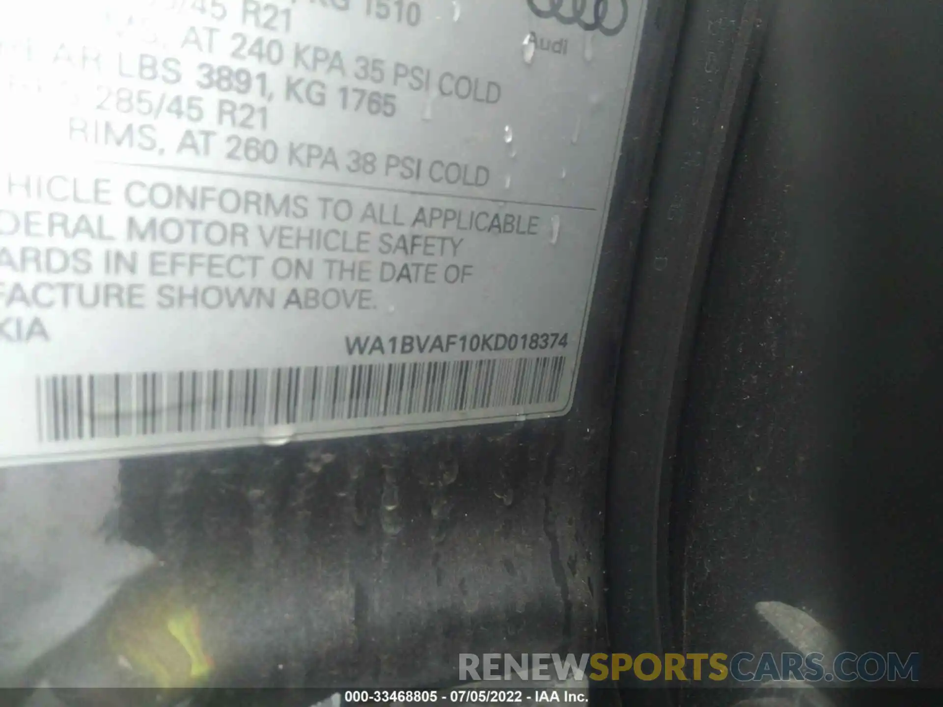 9 Фотография поврежденного автомобиля WA1BVAF10KD018374 AUDI Q8 2019